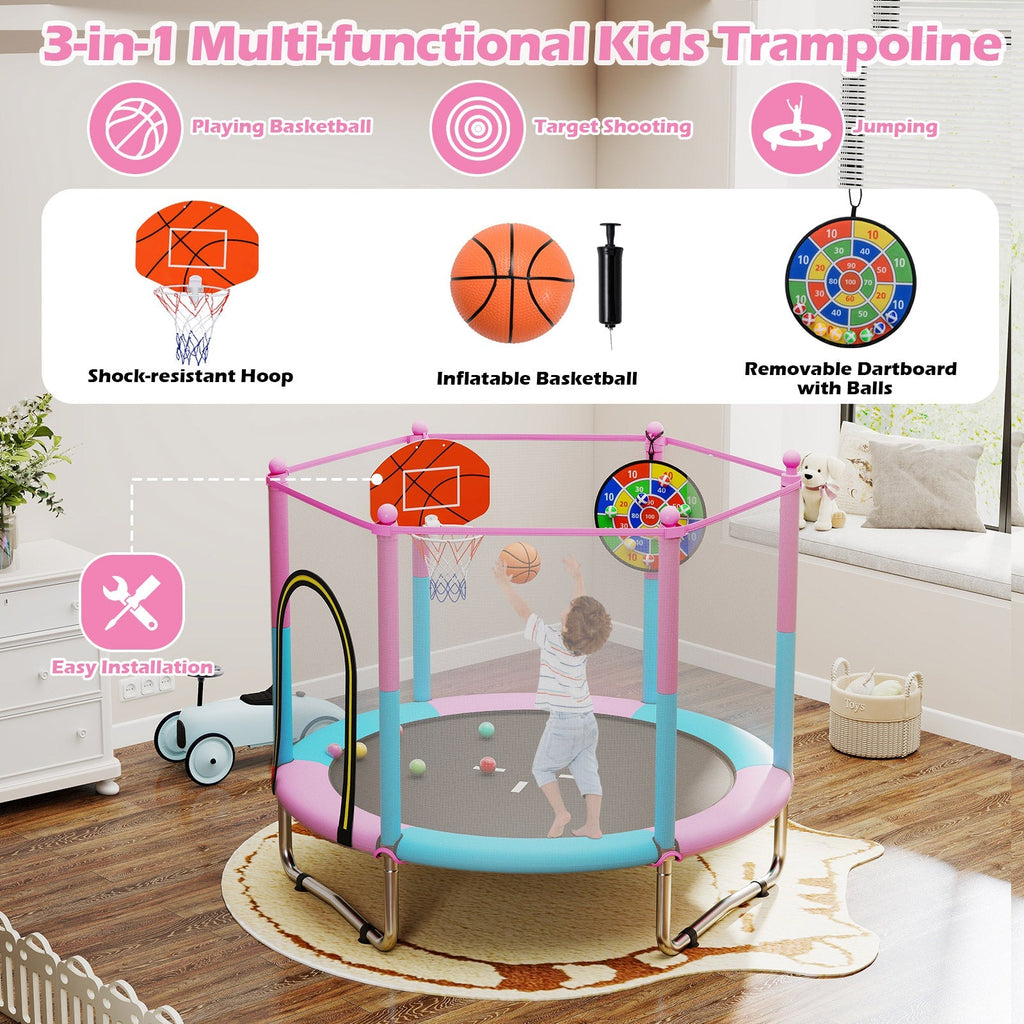 60 inch Kids Trampoline Toddler Recreational Trampoline with Basketball Hoop-Macaron