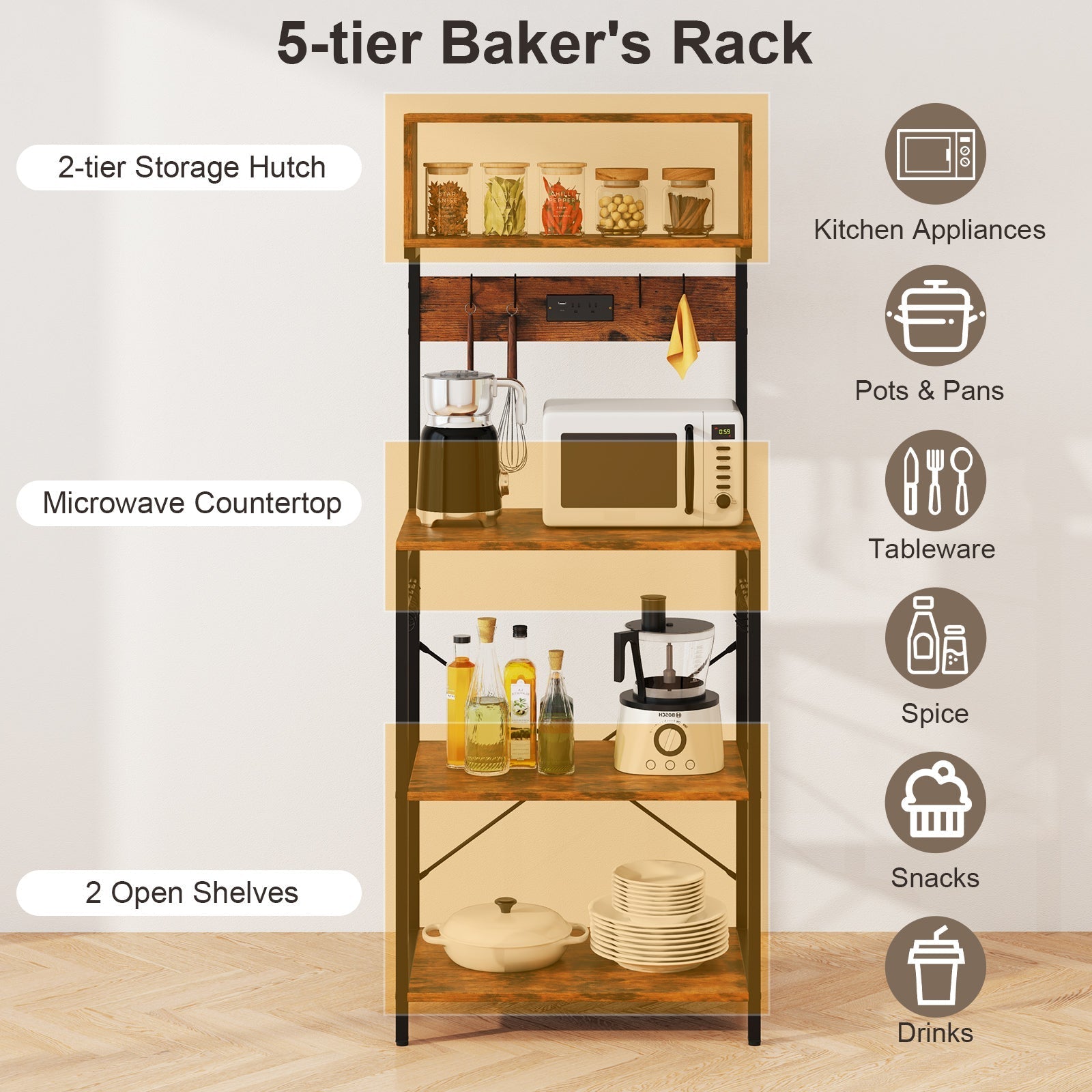 60 Inch Tall Microwave Stand with Open Shelves and 10 Hanging Hooks-Rustic Brown