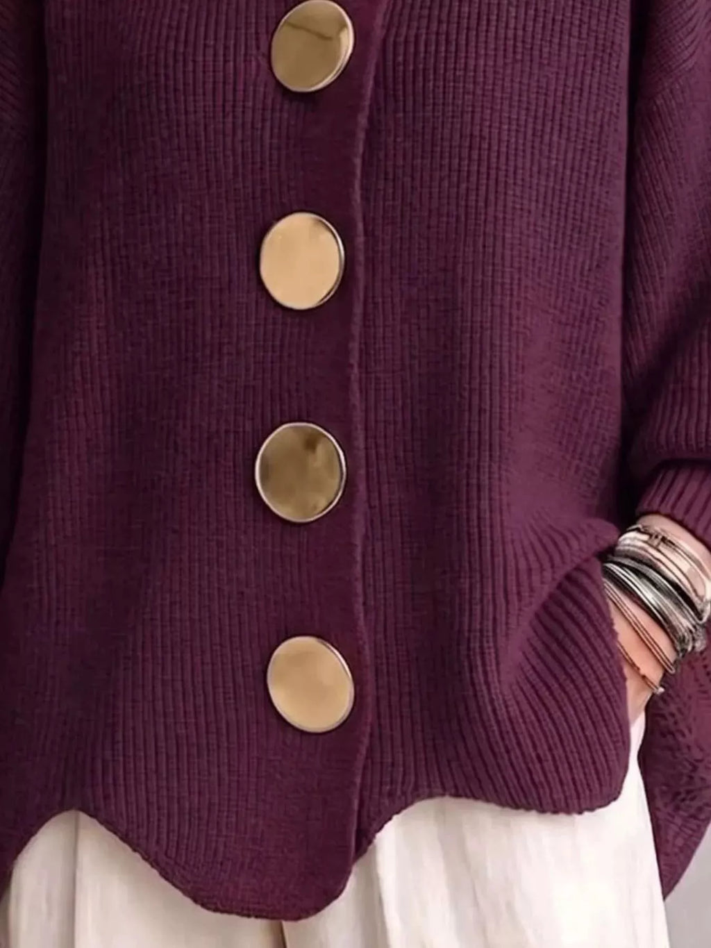 Full Size Gold Buttons Lantern Sleeve Cardigan Plus Size
