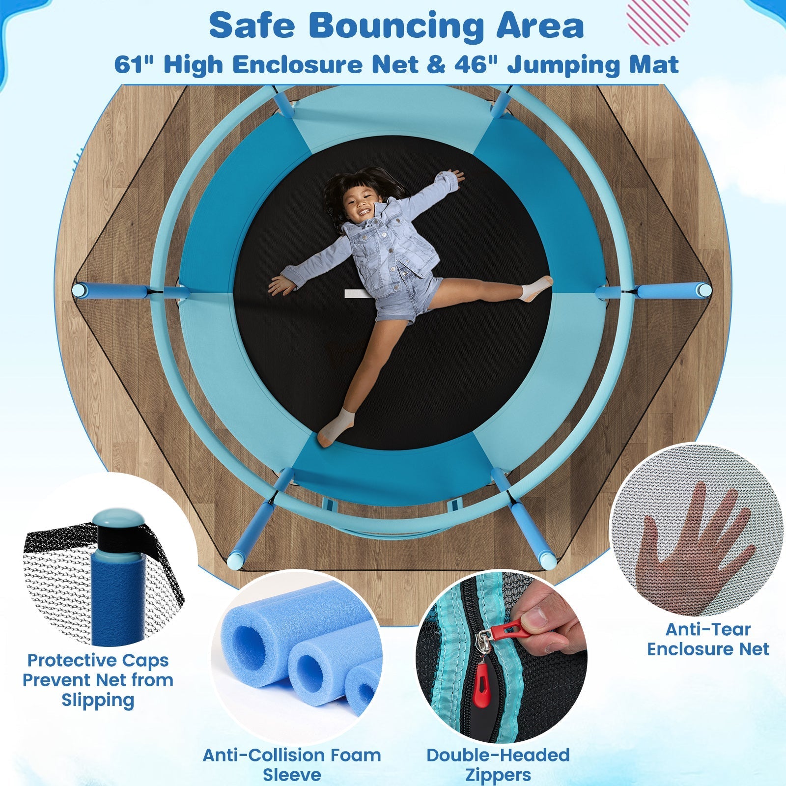 60 Inch Trampoline with Gymnastic Bar and Rings for Kids