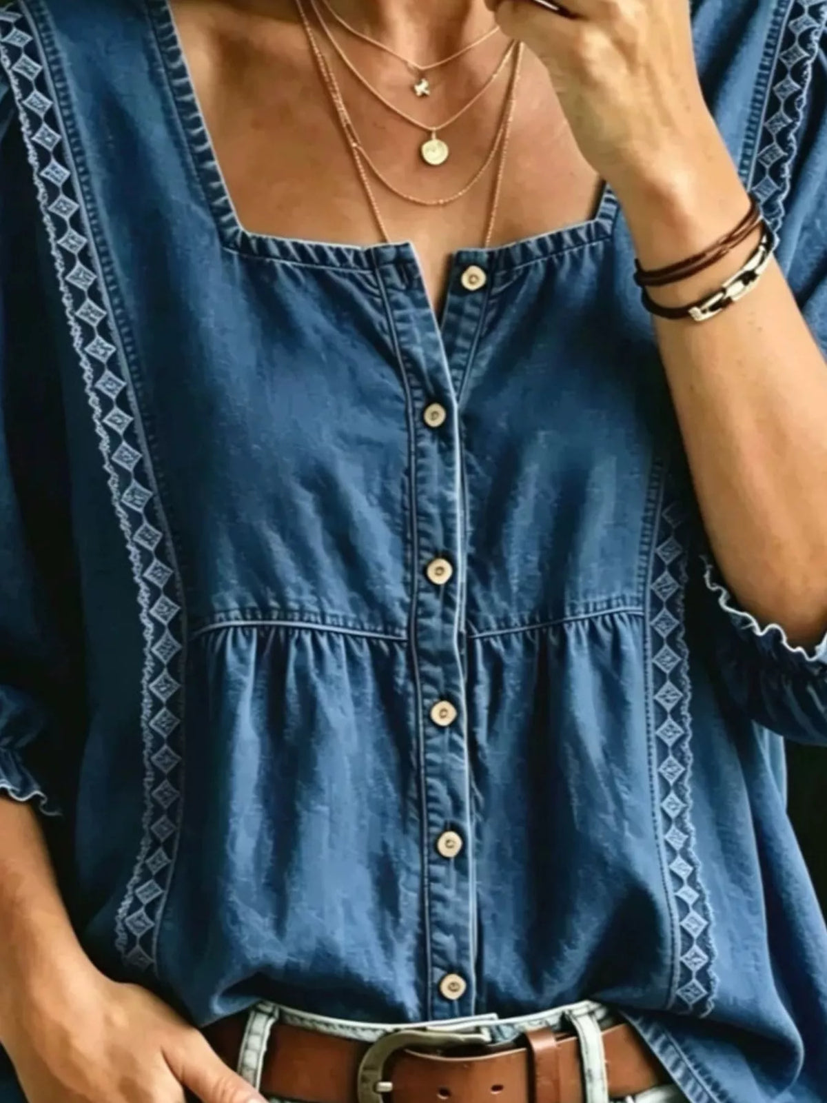 Full Size Square Neck Button-Down Denim Shirt Plus Size