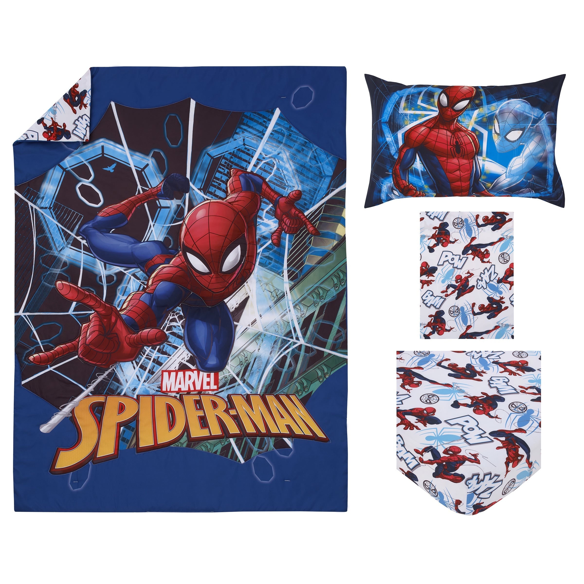 Marvel Spider-Man to the Rescue Red, White, and Blue 4 Piece Toddler Bed Set - Comforter, Fitted Bottom Sheet, Flat Top Sheet, and Reversible Pillowcase