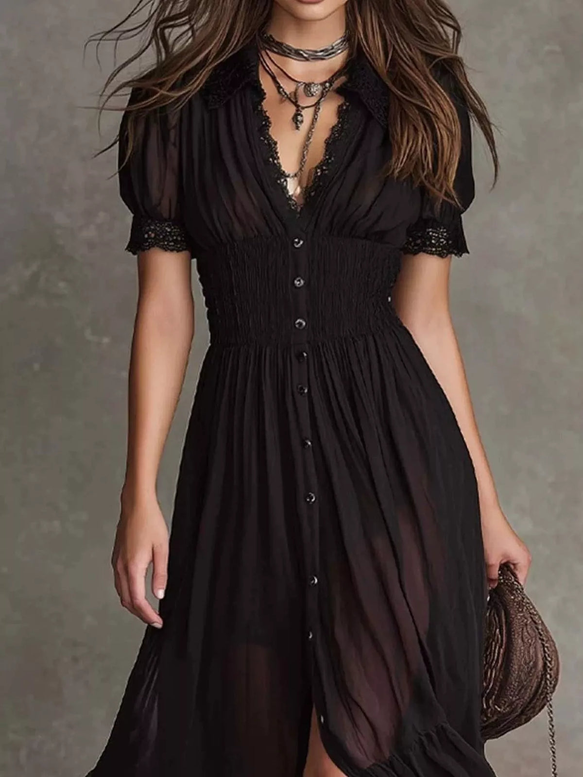 Button-Down Midi Dress with Lace Trim