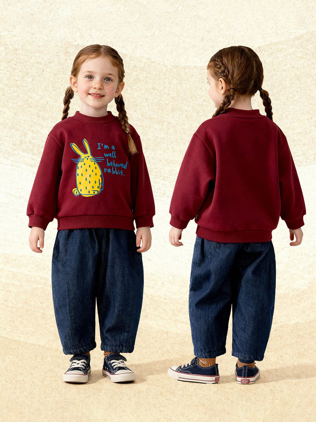 Solid-color Versatile Denim Jeans For Little Girls Cute Warm Trousers For Kids
