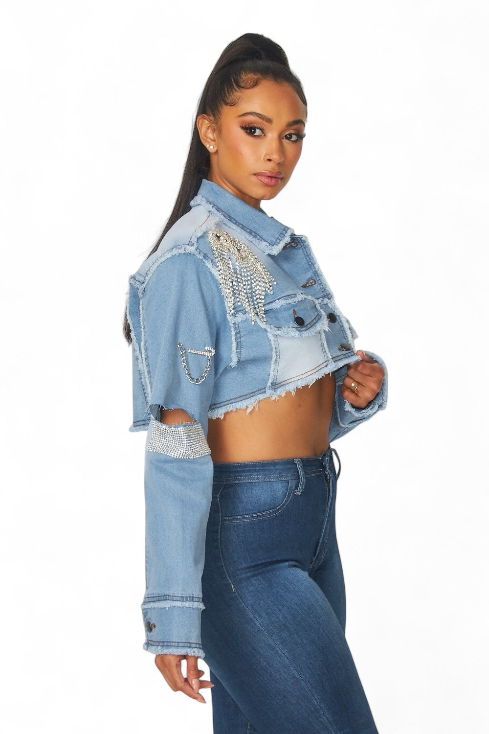 Medley Rhinestone Detail Crop Denim Jean Jacket