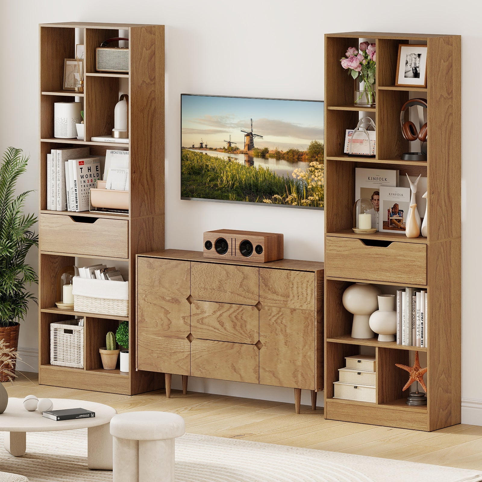 61inch Tall Freestanding Bookcase with Drawer 8-Cube Storage Organizer