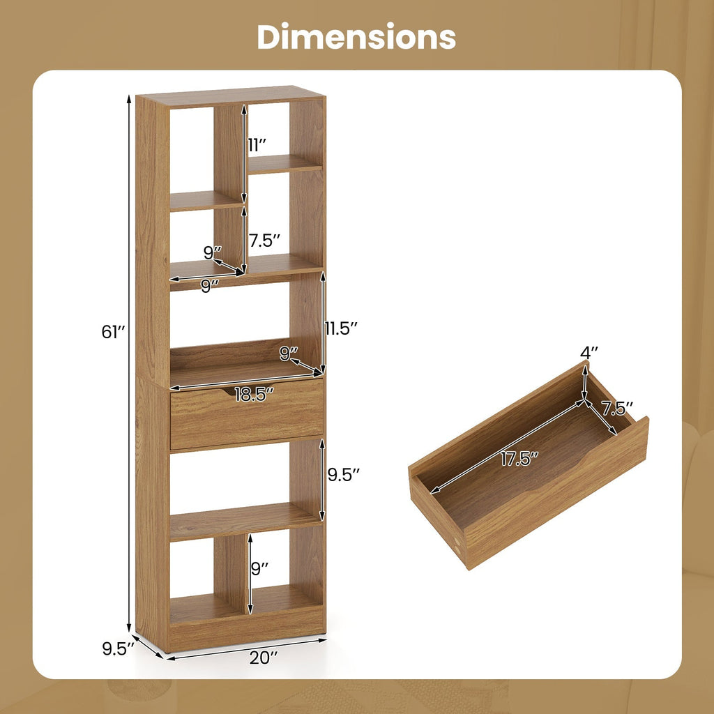 61inch Tall Freestanding Bookcase with Drawer 8-Cube Storage Organizer