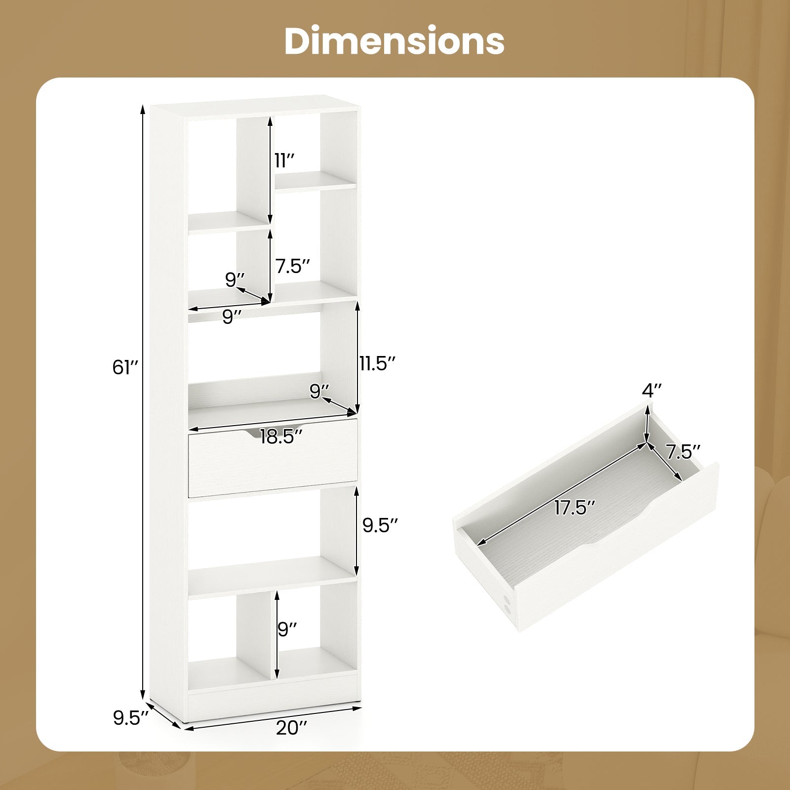 61inch Tall Freestanding Bookcase with Drawer 8-Cube Storage Organizer