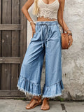 Drawstring Wide-Leg Ruffle Hem Jeans