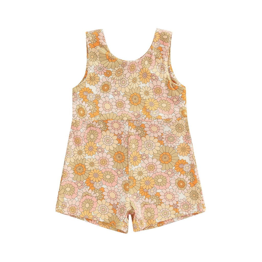 Strap Zipper Rainbow Sunken Stripe Flower Jumpsuit Romper
