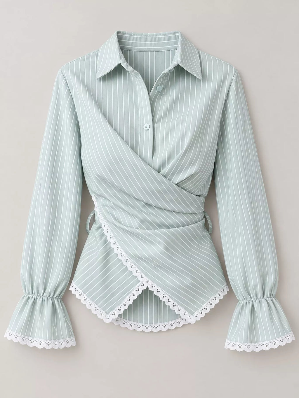 Lace Trim Long Sleeves Striped Shirt