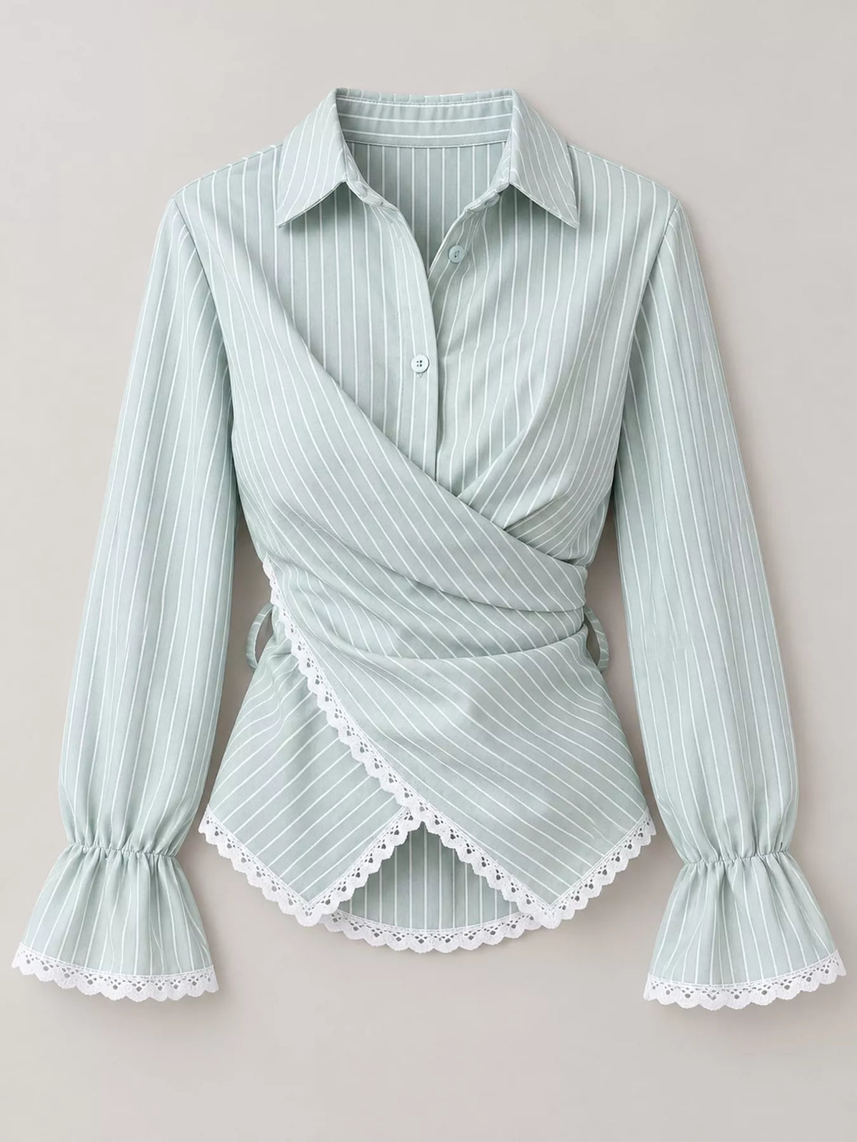 Lace Trim Long Sleeves Striped Shirt