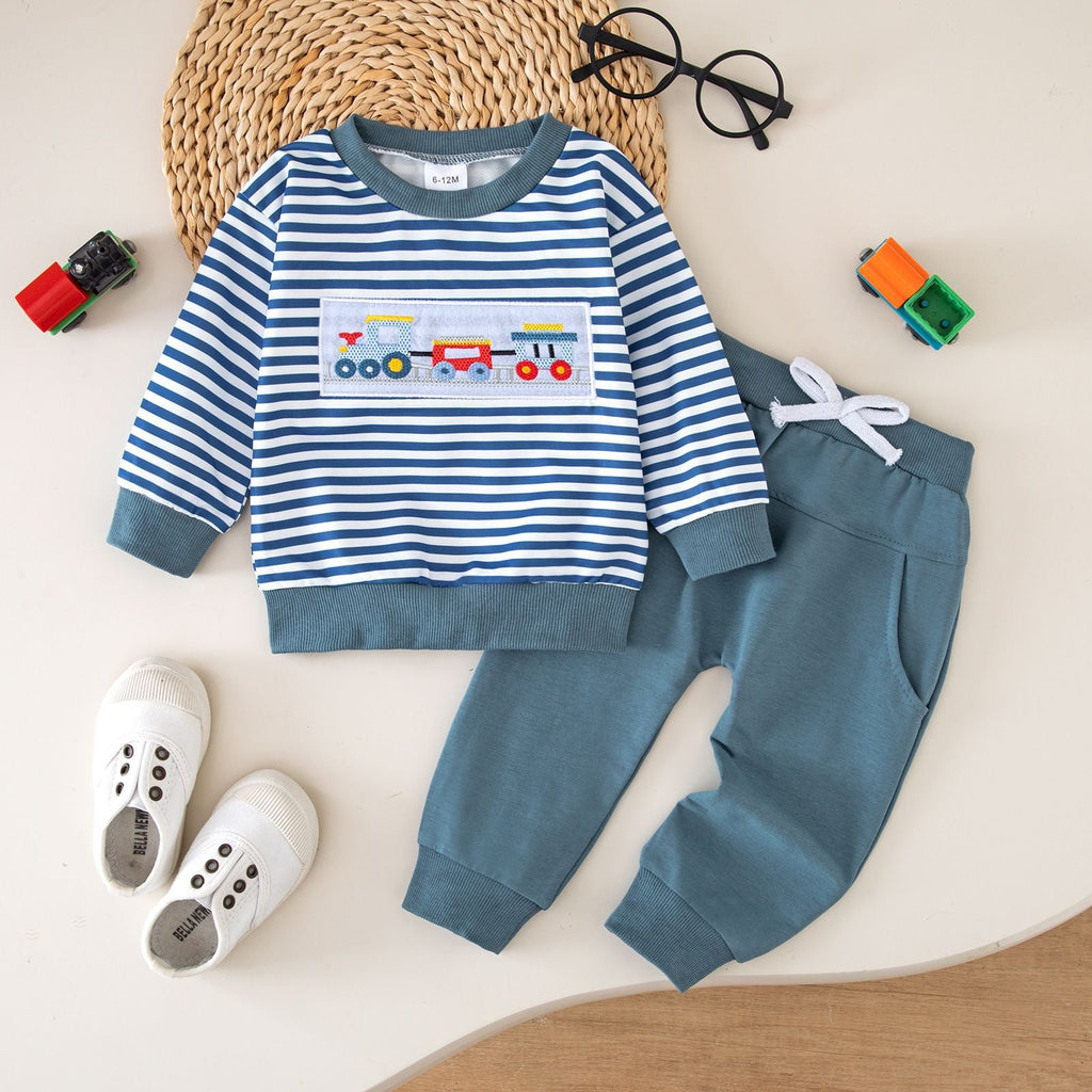 Striped Crew-neck Top And Long Pants Baby Two-piece Set