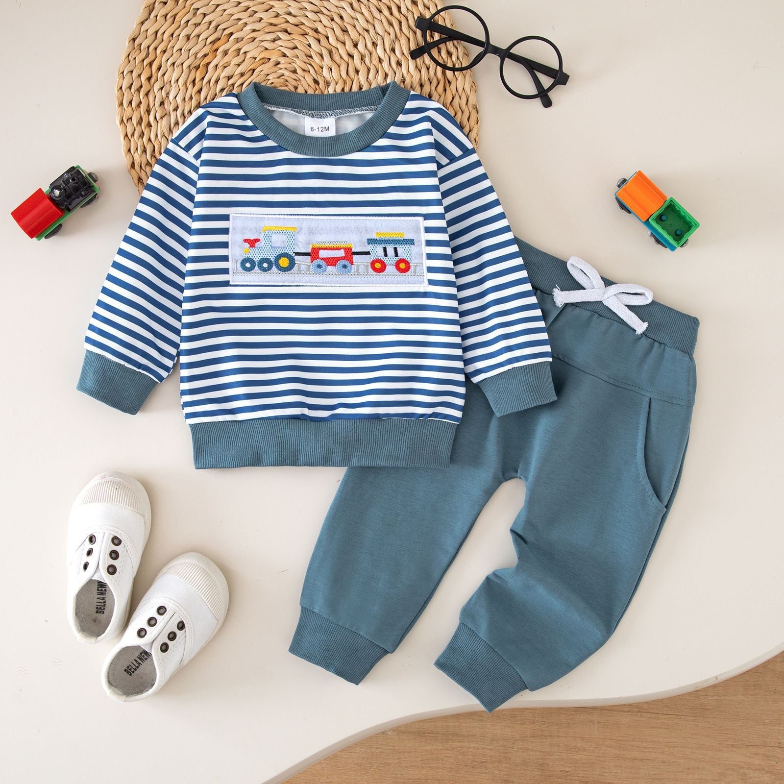 Striped Crew-neck Top And Long Pants Baby Two-piece Set