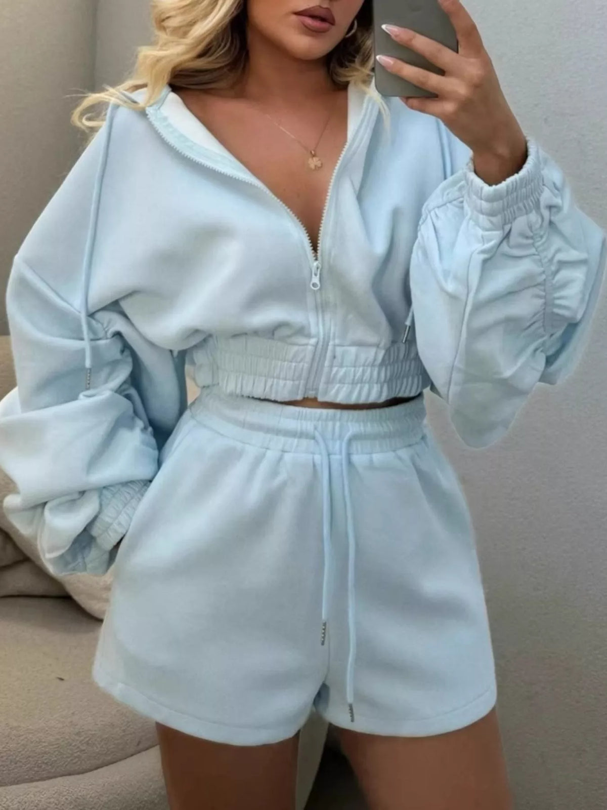 Zip-Up Jacket and High-Waisted Drawstring Shorts Set