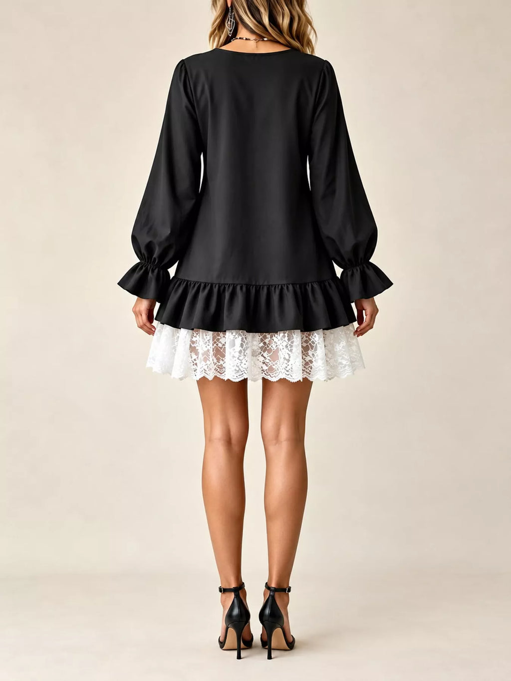 Lace Hem V-Neck Flounce Sleeve Dress