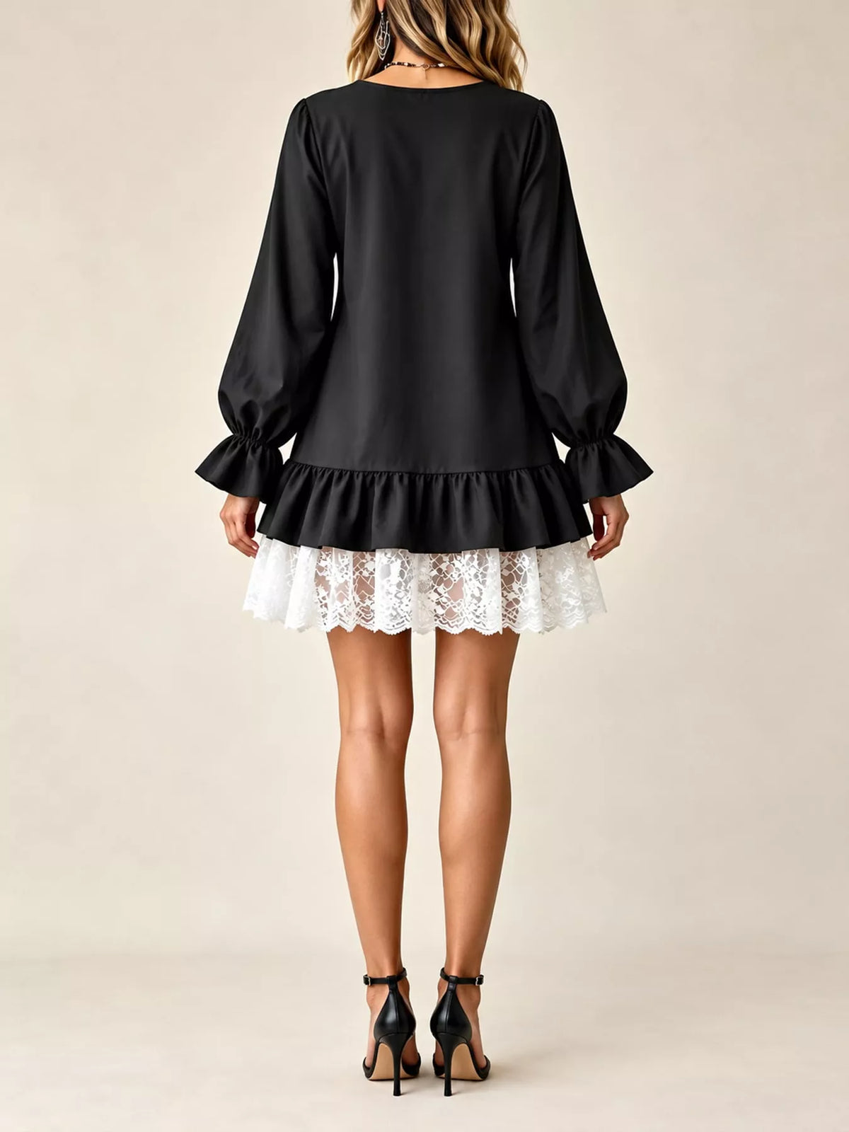 Lace Hem V-Neck Flounce Sleeve Dress