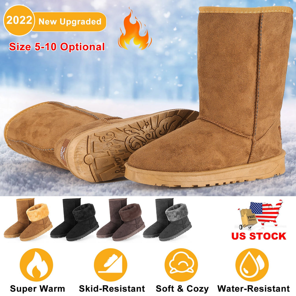 Snow Boots - Waterproof Faux Suede Mid-Calf with Warm Lining