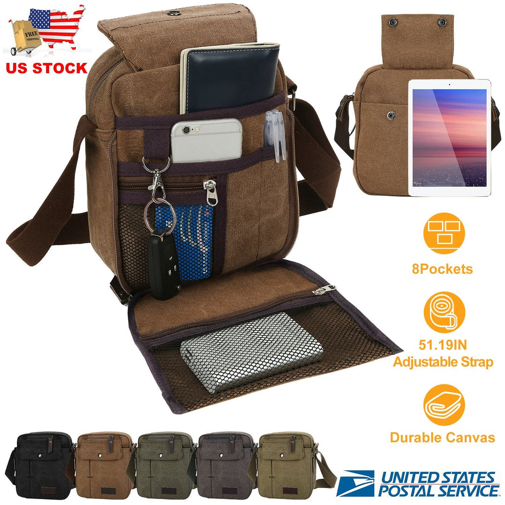 Crossbody Canvas Bag for Phone and Tablet Zipper Pockets