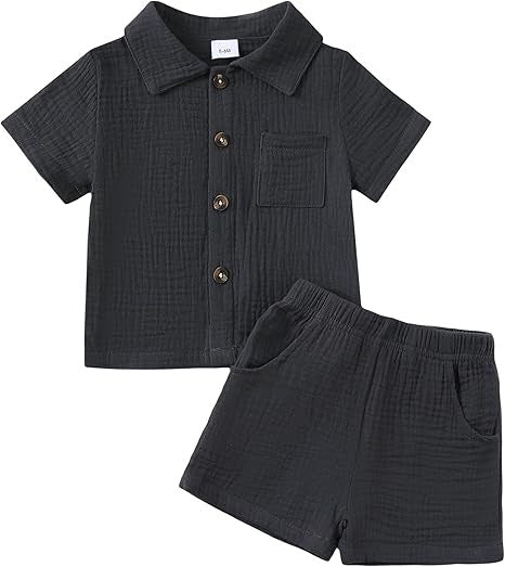 Baby Boy Cotton-Linen Solid Color Textured Fabric Lapel Collar Short-Sleeve Top Elastic Waist Shorts Set