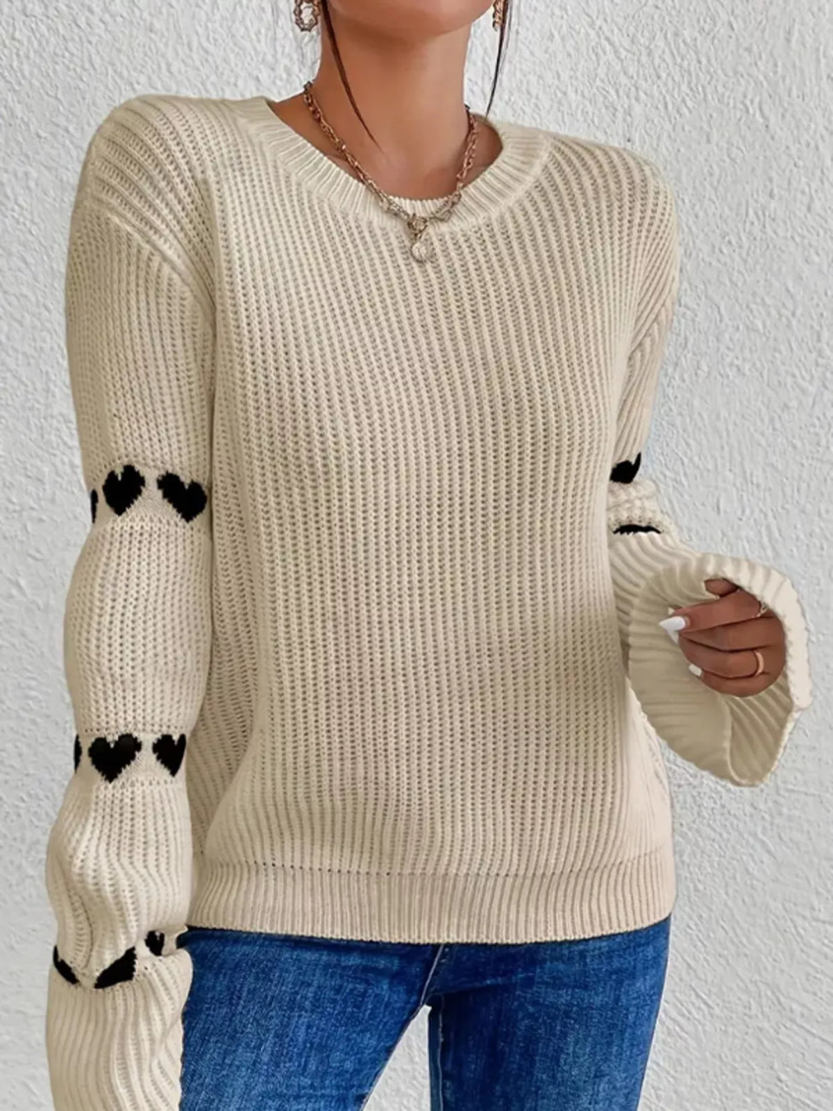 Heart Pattern Dropped Shoulder Sweater