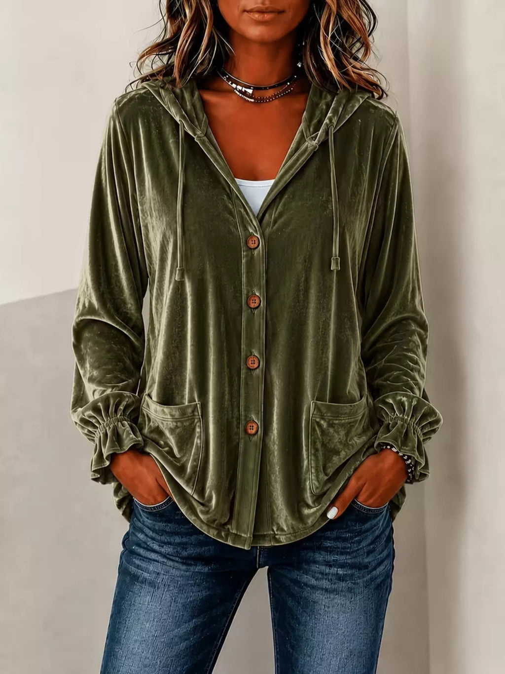 Full Size Velvet Button-Down Hooded Outerwear Plus Size