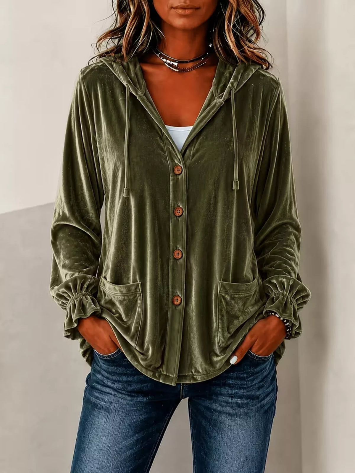 Full Size Velvet Button-Down Hooded Outerwear Plus Size