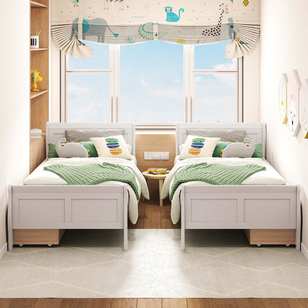 Twin Size Sleigh Bed with 2 Storage Drawers Wood Platform Bed Frame