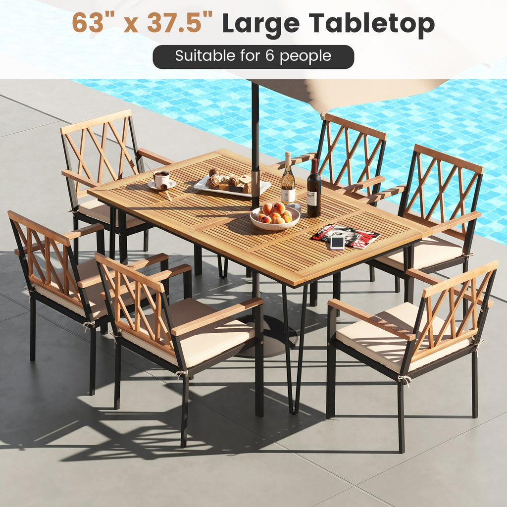 63 Inch Rectangular Outdoor Dining Table for 6 People with Acacia Wood Tabletop and Umbrella Hole