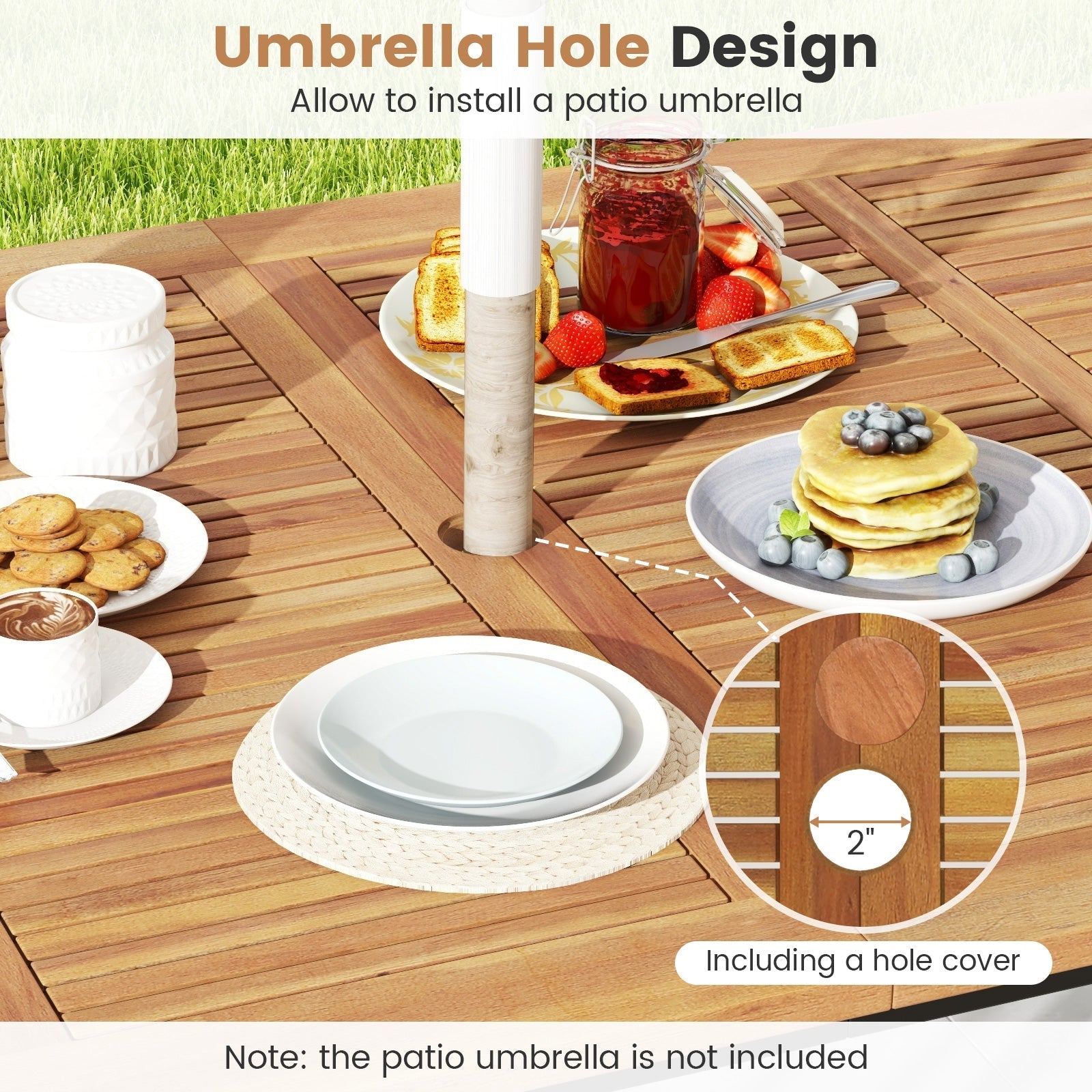 63 Inch Rectangular Outdoor Dining Table for 6 People with Acacia Wood Tabletop and Umbrella Hole