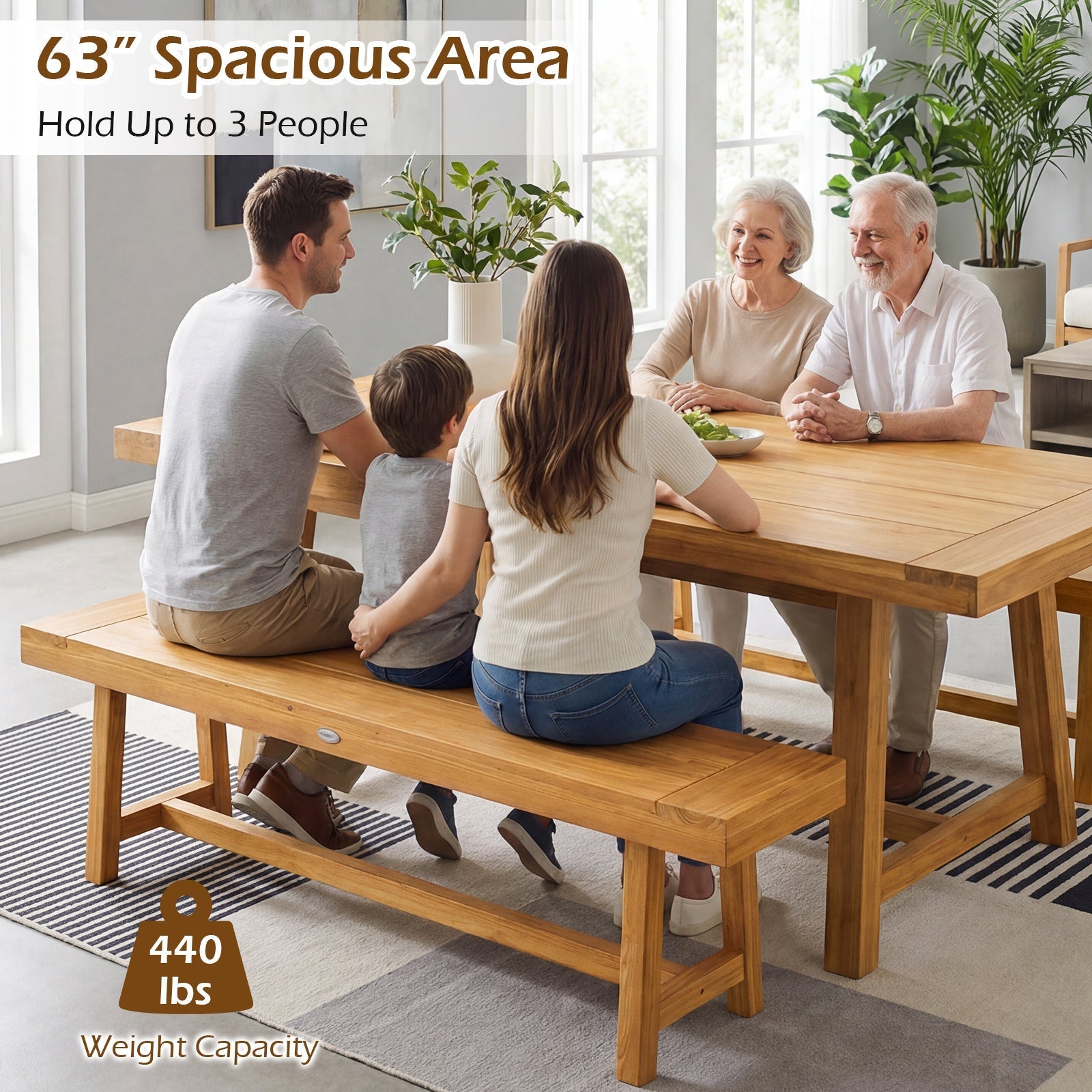 63 Inch Solid Wood Bench for up to 3 People