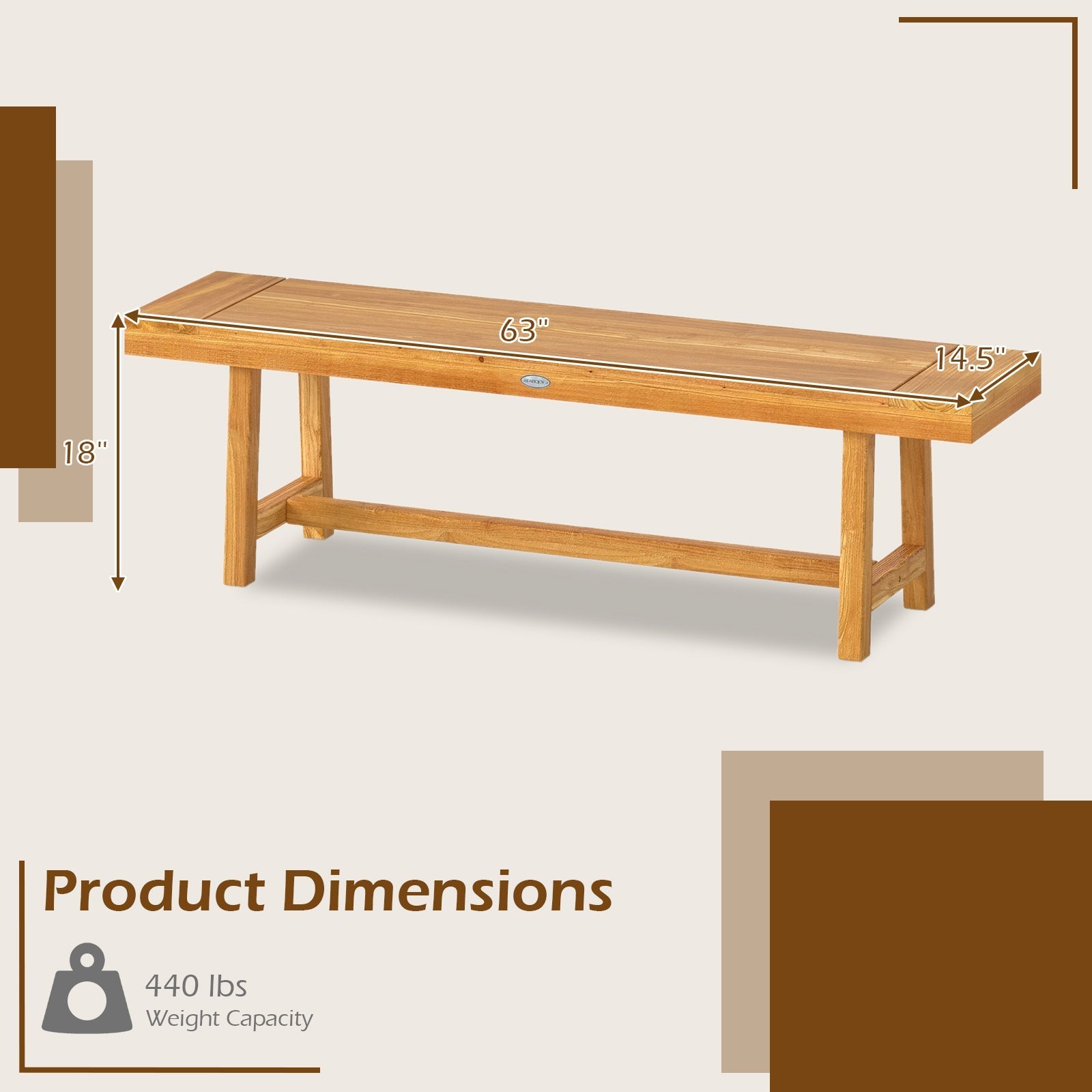 63 Inch Solid Wood Bench for up to 3 People