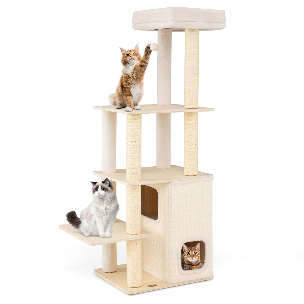 63 Inch Tall Wooden Cat Tree with 2-Story Condo and Plush Padded Top Perch-Natural