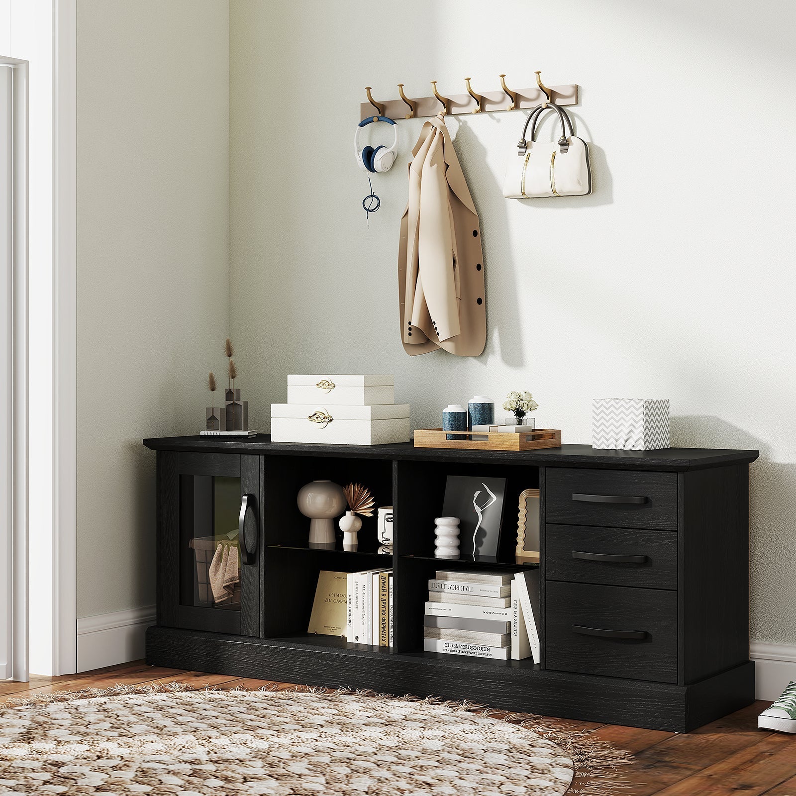 63 Inches Media Console Table with 3 Drawers and 2 Glass Shelves