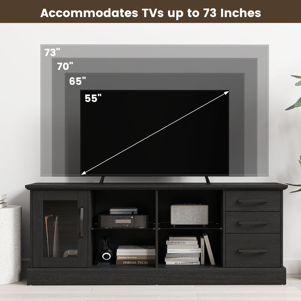 63 Inches Media Console Table with 3 Drawers and 2 Glass Shelves
