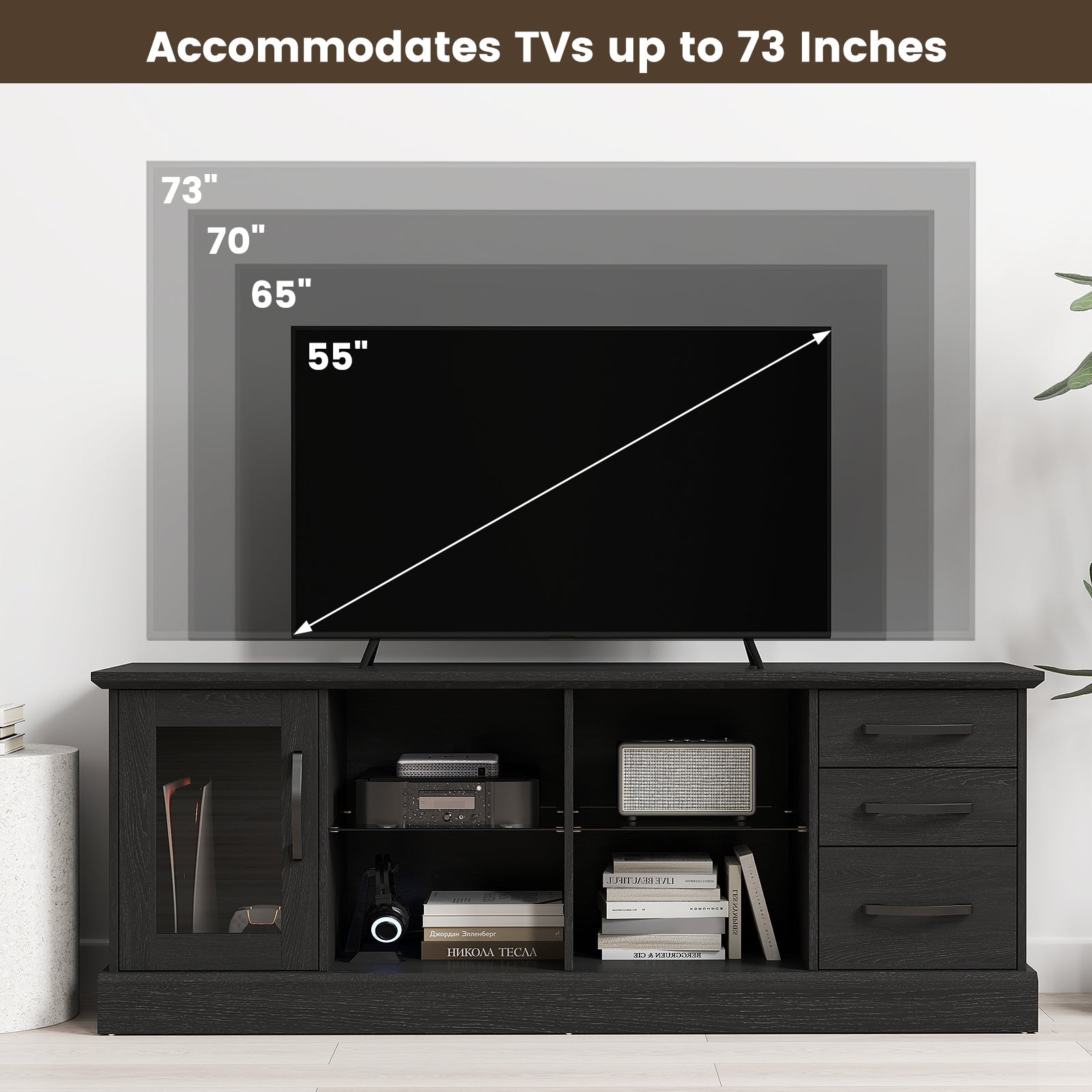63 Inches Media Console Table with 3 Drawers and 2 Glass Shelves