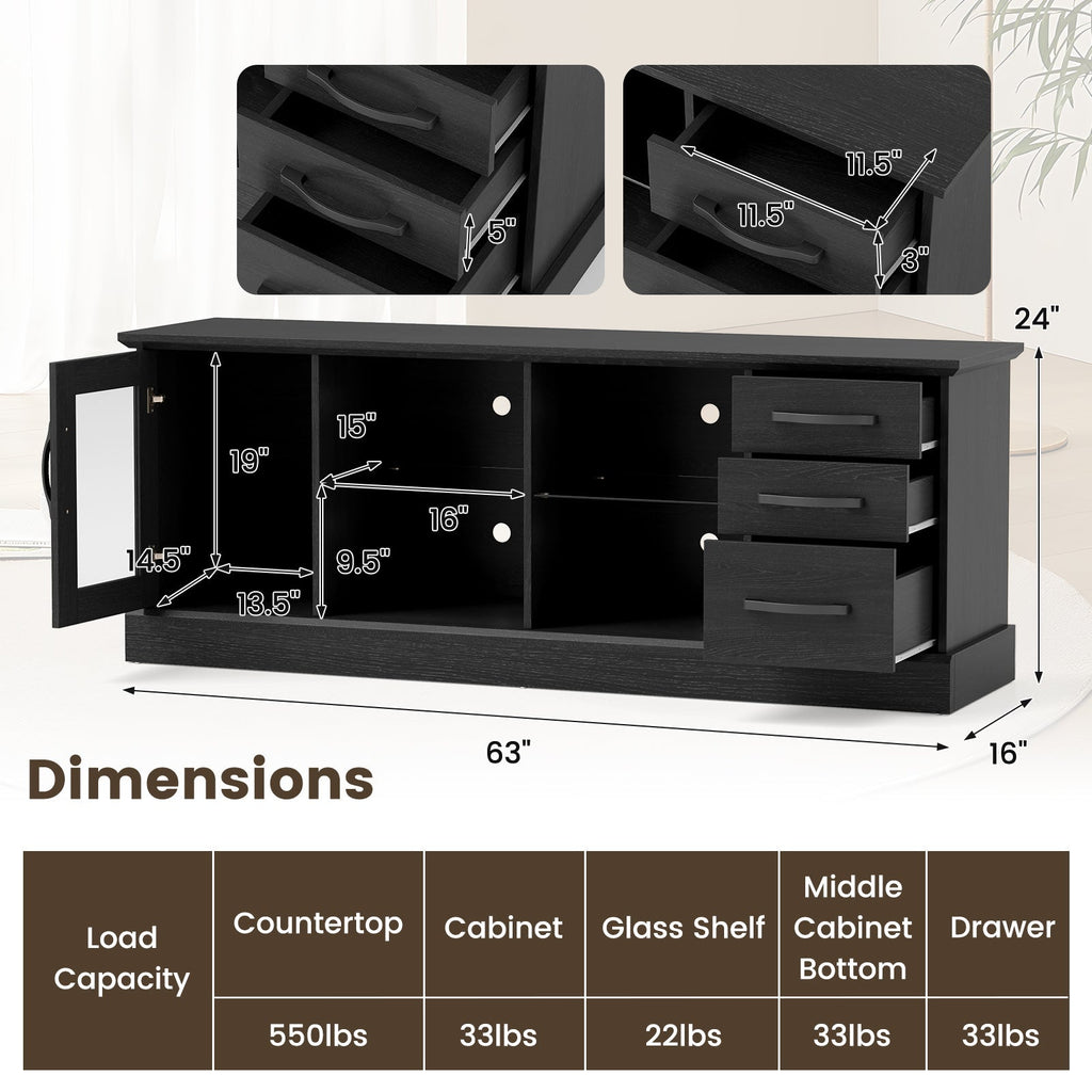 63 Inches Media Console Table with 3 Drawers and 2 Glass Shelves