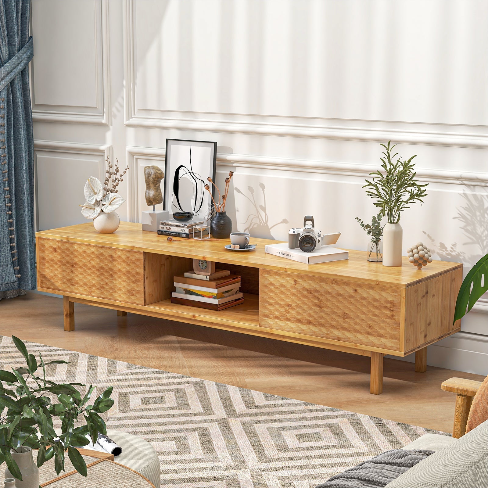 63 Inches Mid Century Modern Bamboo TV Stand with Sliding Doors-Natural