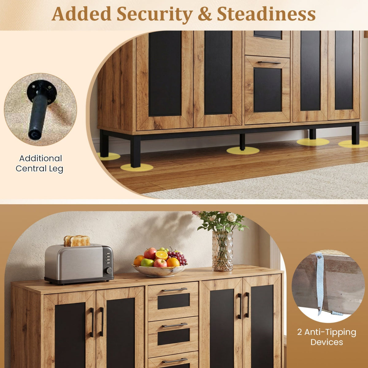 63" Sideboard Buffet Cabinet with 3 Drawers and Storage Shelves