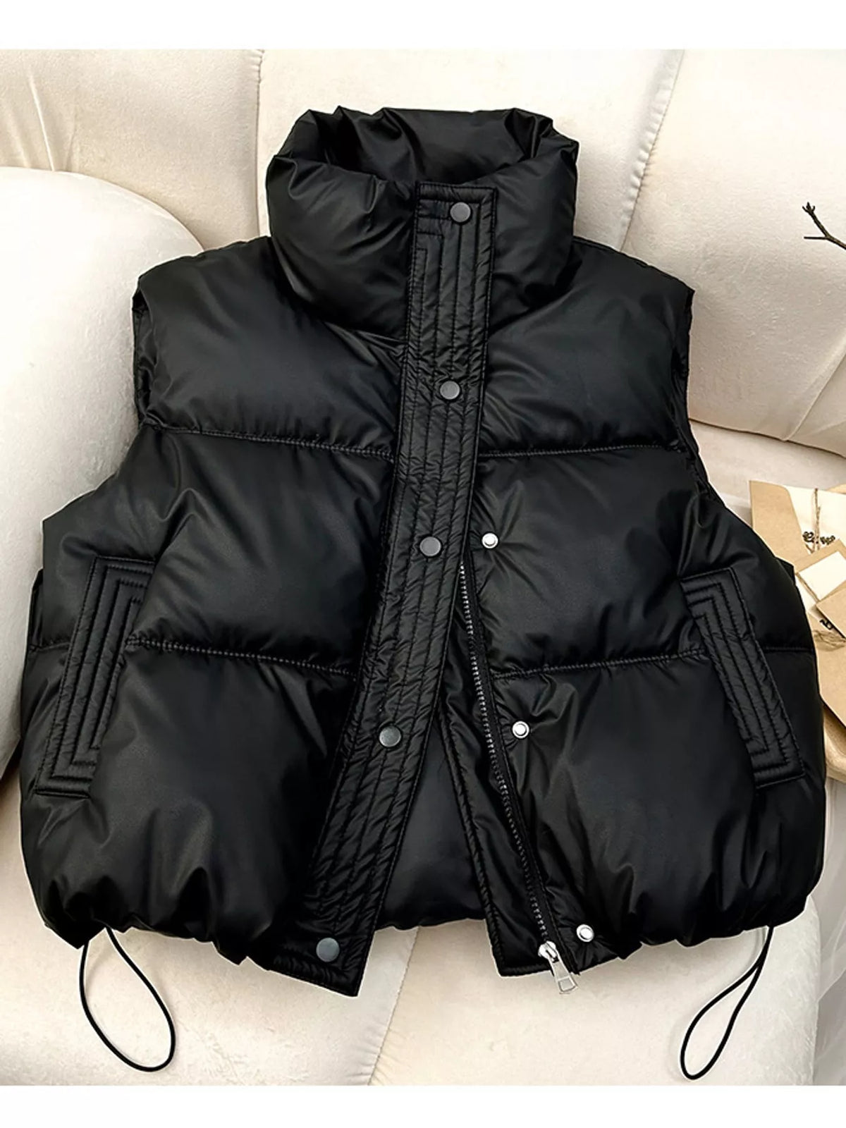 Drawstring Snap Down Puffer Vest Coat