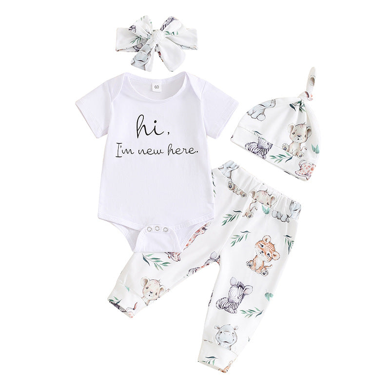 Letter-print Short-sleeve Romper Long Pants Hat And Headband Four-piece Set