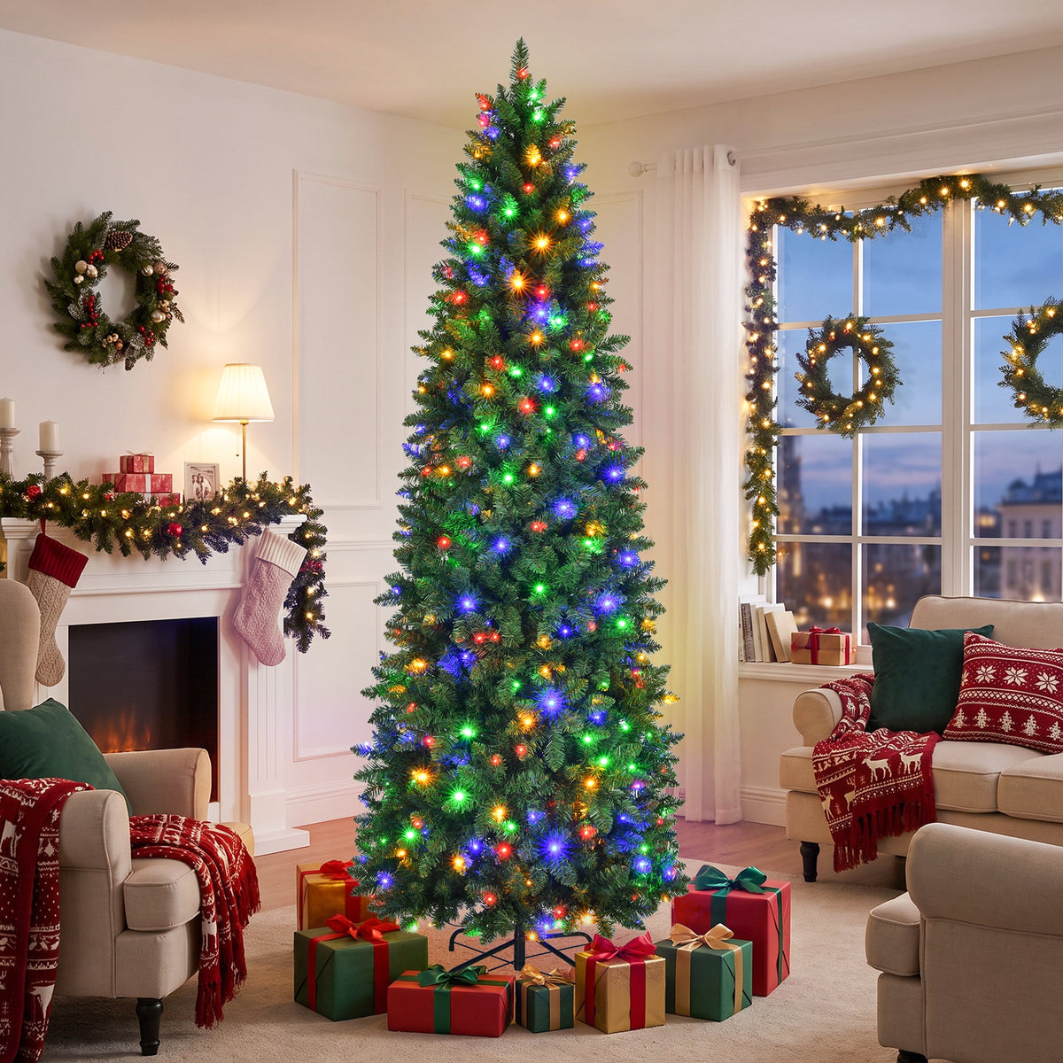 Prelit Pencil Christmas Tree, 9ft Premium Artificial Tree, Warm