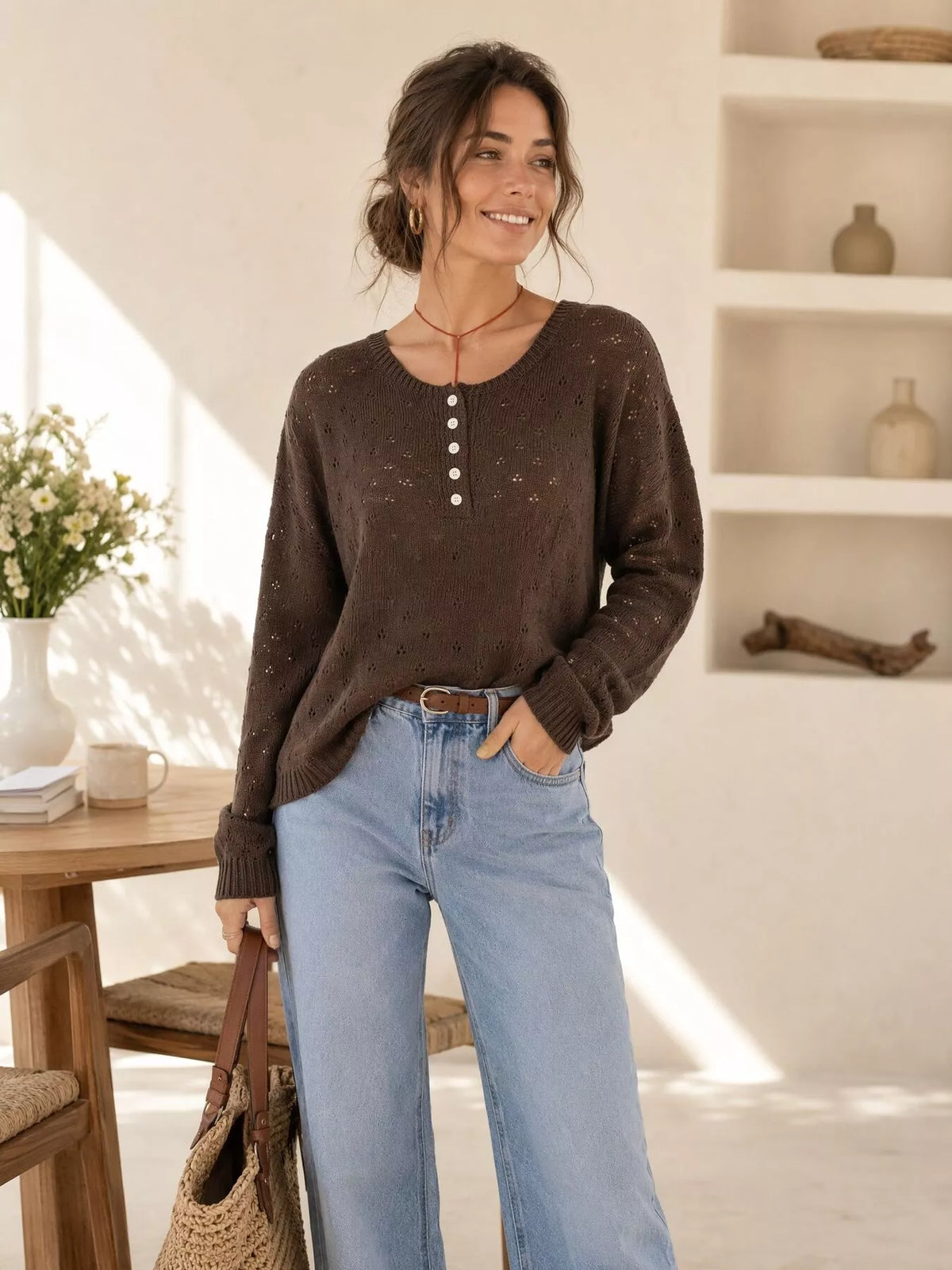 Pointelle Button-Front Round Neck Knit Top
