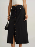 Button-Front Pocketed Midi Skirt