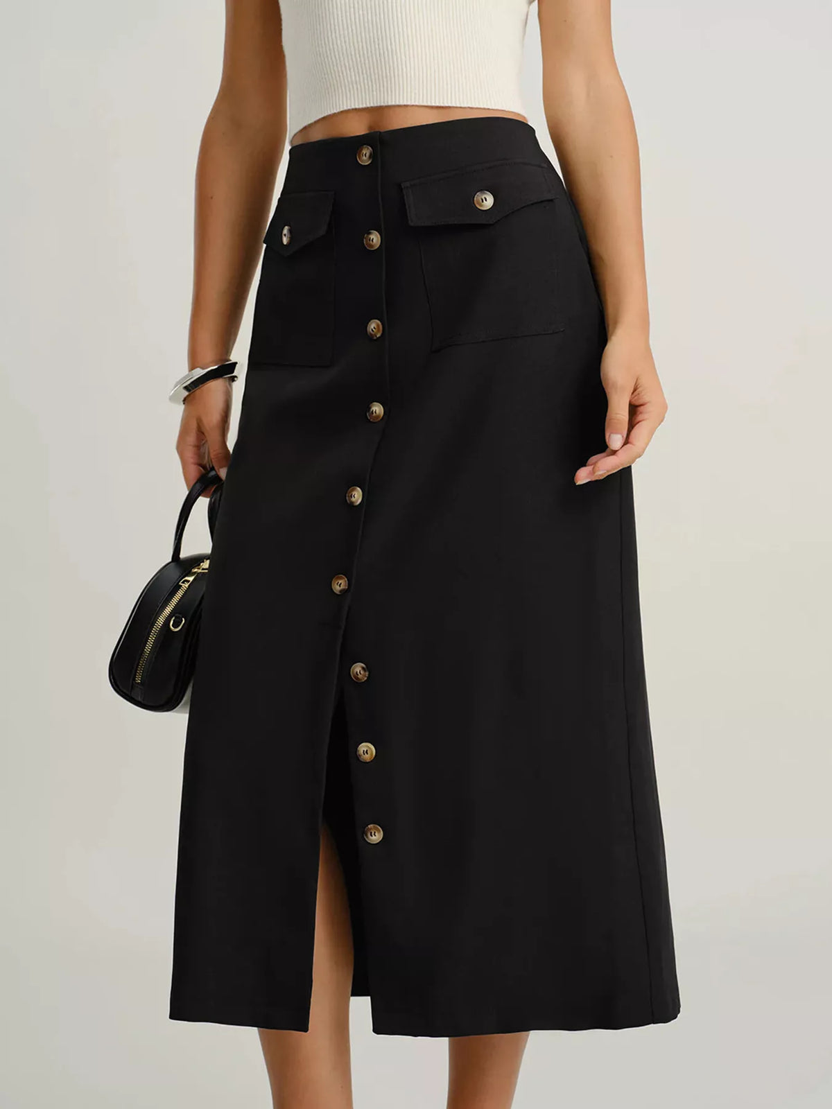 Button-Front Pocketed Midi Skirt