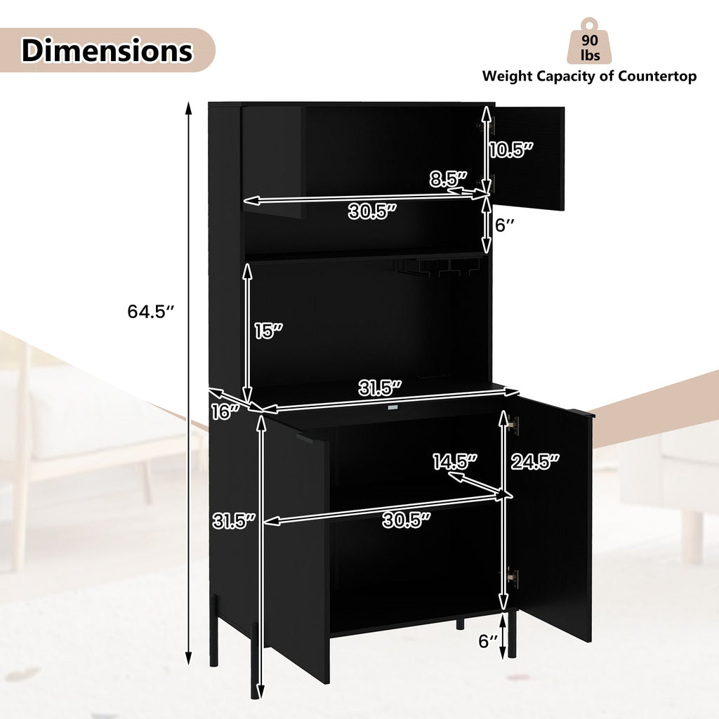 64.5 Inches Tall Kitchen Pantry Cabinet with Charging Station and Wine Glass Rack