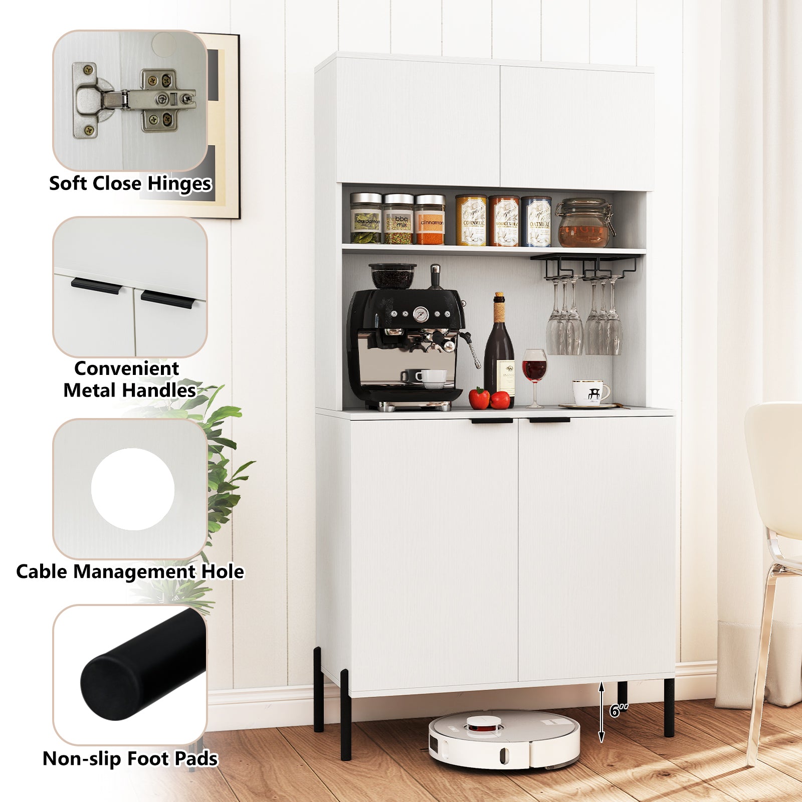 64.5 Inches Tall Kitchen Pantry Cabinet with Charging Station and Wine Glass Rack