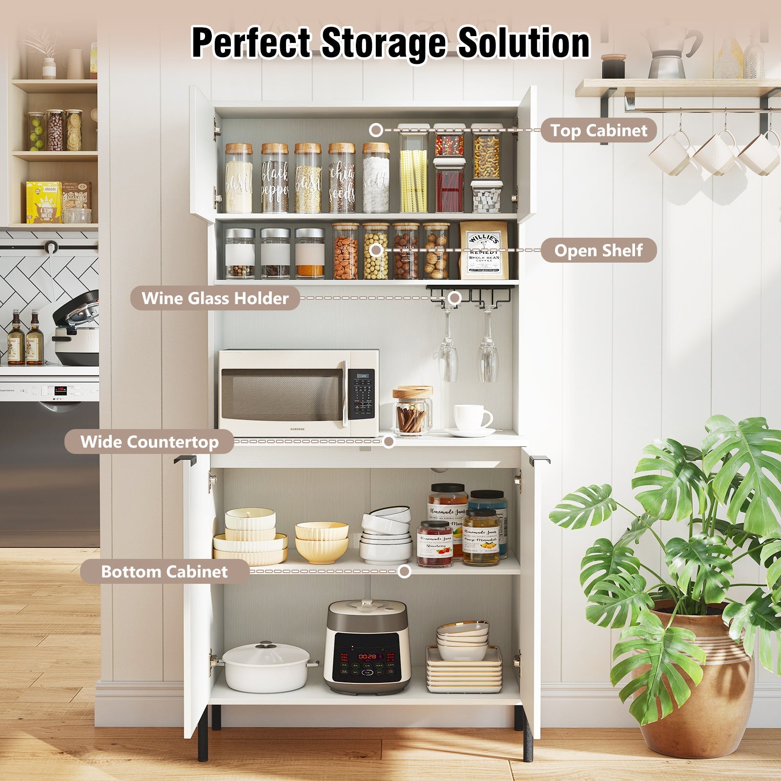 64.5 Inches Tall Kitchen Pantry Cabinet with Charging Station and Wine Glass Rack