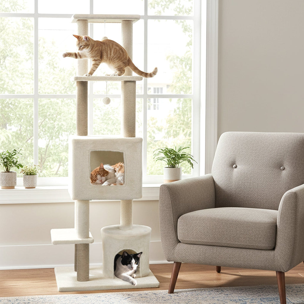 64 Inch Tall Cat Tree with 2 Large Condos and Jute Scratching Posts for Indoor Adult Cats