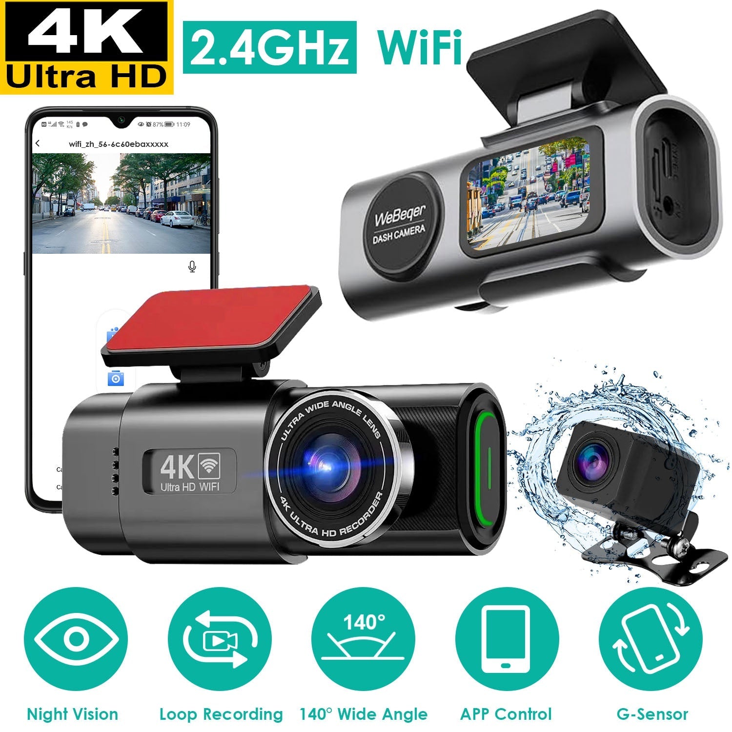 Dual Channel Car Dash Cam with Front 4K & Rear 1080P